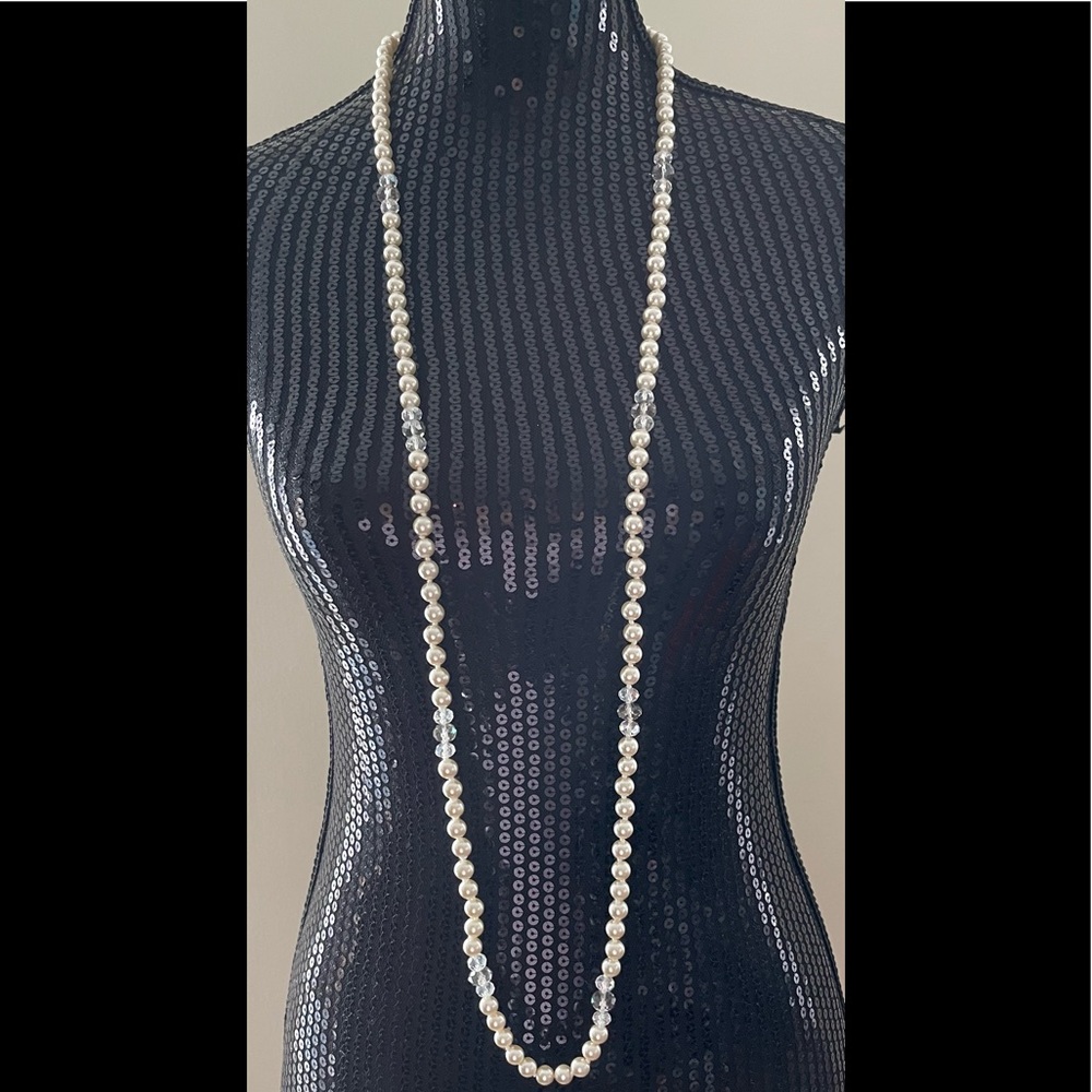 Faux Pearl And Clear Beaded Long Necklace Strand
